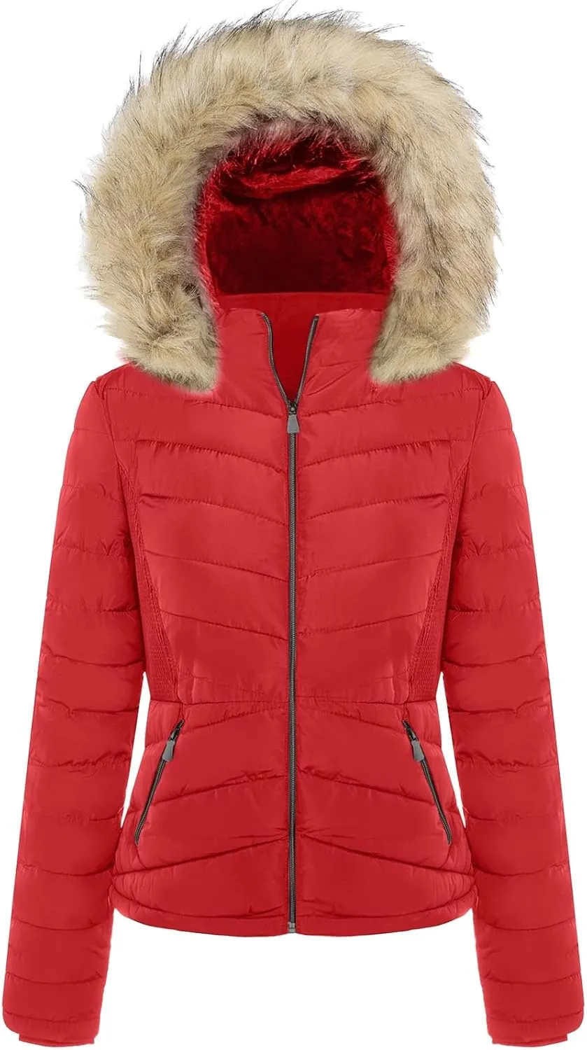 BodiLove Women's Belted Down Puffer Jacket with Faux Fur Trim Hood