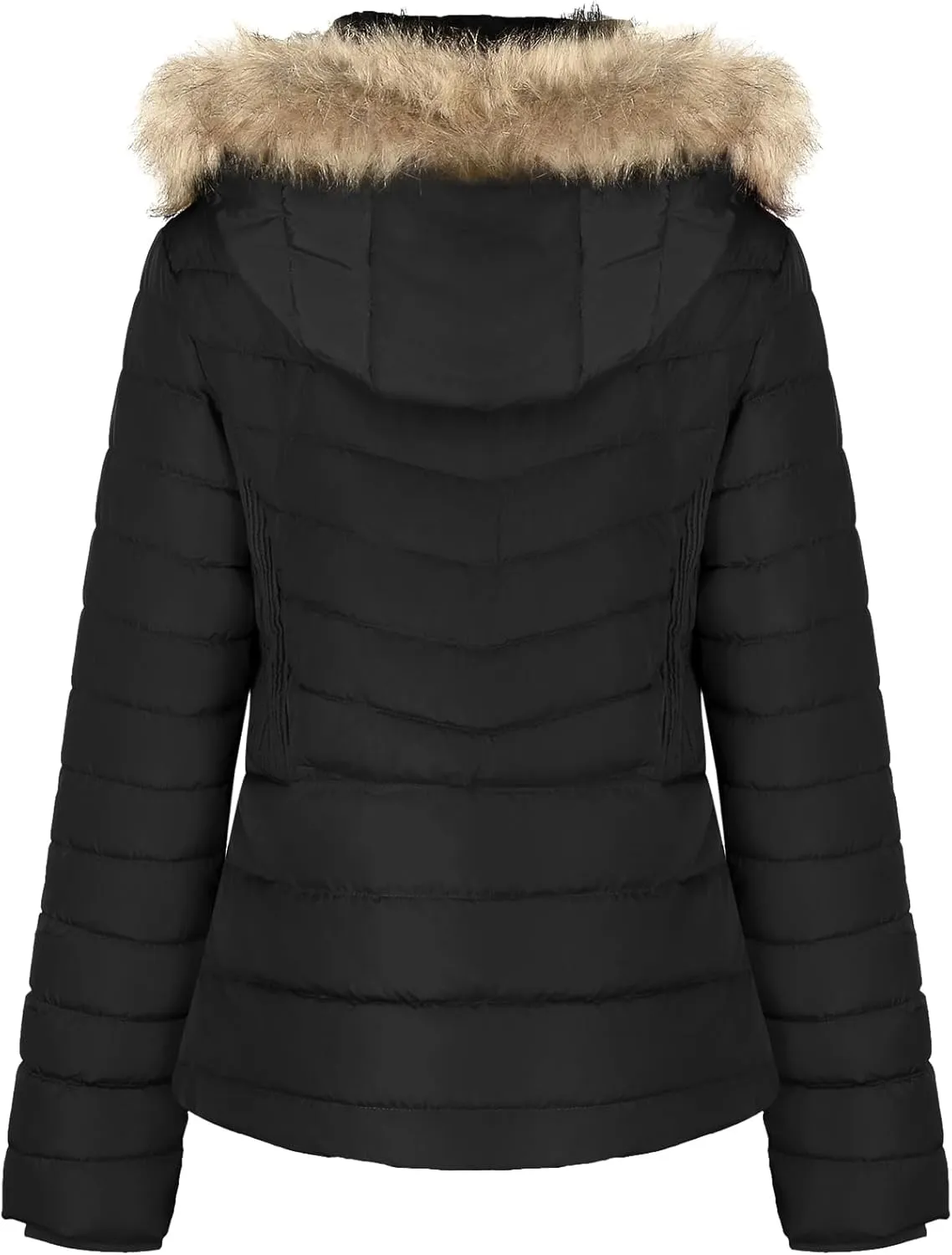 BodiLove Women's Belted Down Puffer Jacket with Faux Fur Trim Hood