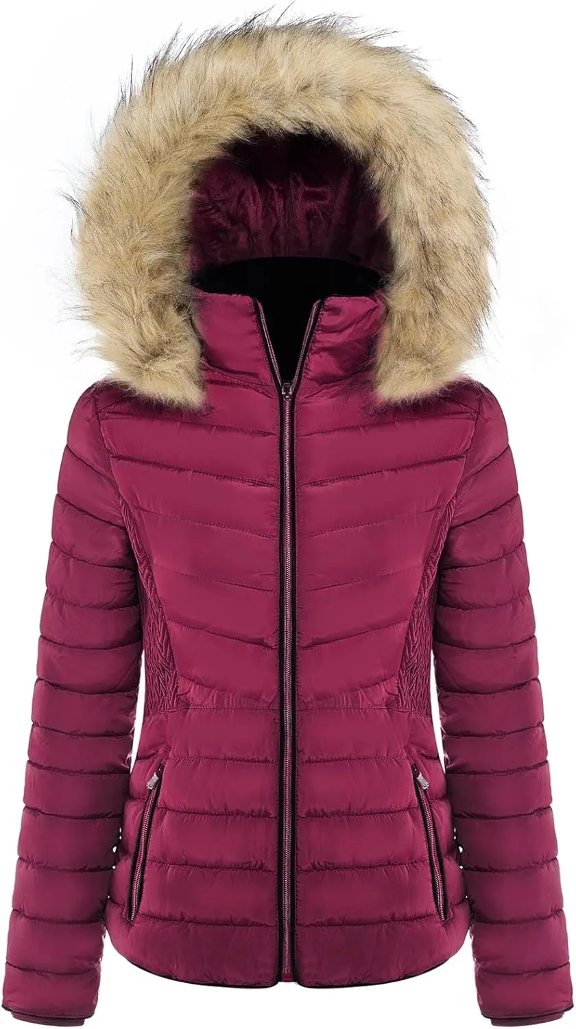 BodiLove Women's Everyday Warm Winter Quilted Puffer Short Coat High Collar Jacket with Removable Faux Fur Hood Zipper Vegan Leather Piping Water Resistant Wind Blocker Burgundy L