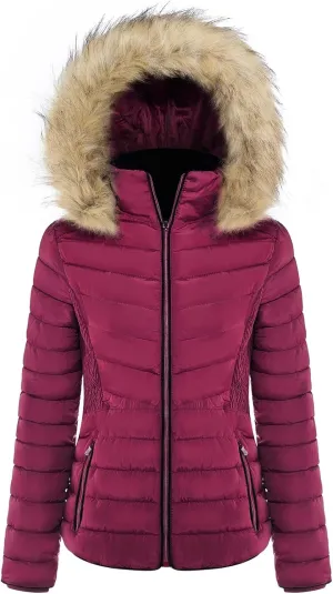 BodiLove Women's Everyday Warm Winter Quilted Puffer Short Coat High Collar Jacket with Removable Faux Fur Hood Zipper Vegan Leather Piping Water Resistant Wind Blocker Burgundy L