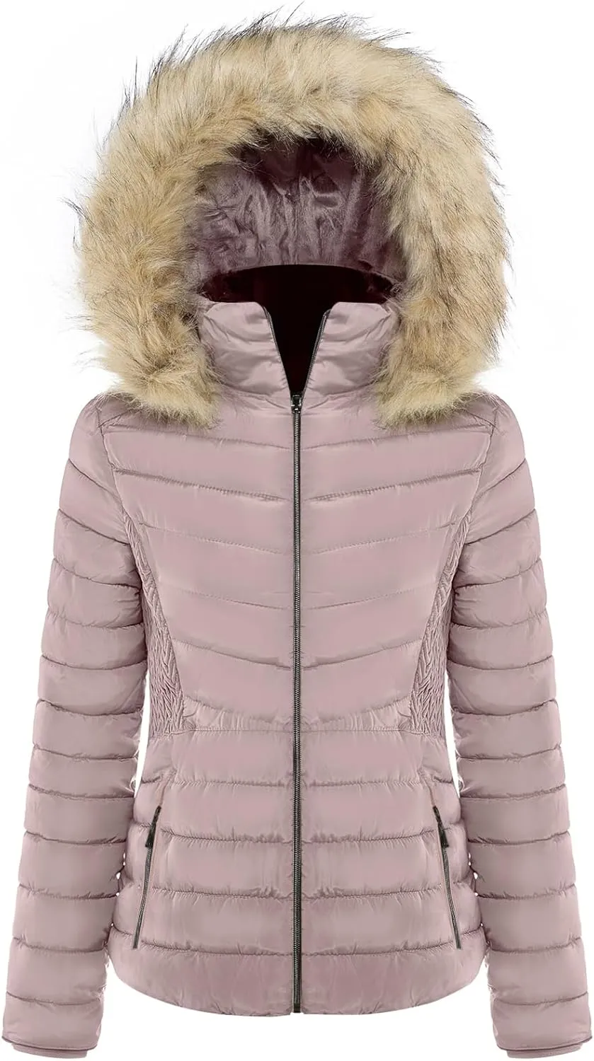 BodiLove Women's Everyday Warm Winter Quilted Puffer Short Coat High Collar Jacket with Removable Faux Fur Hood Zipper Vegan Leather Piping Water Resistant Wind Blocker Camel L