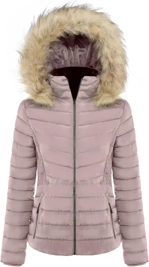 BodiLove Women's Everyday Warm Winter Quilted Puffer Short Coat High Collar Jacket with Removable Faux Fur Hood Zipper Vegan Leather Piping Water Resistant Wind Blocker Camel L