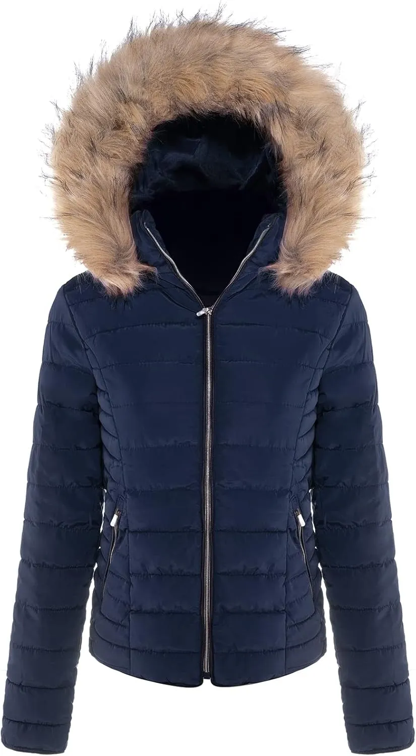 BodiLove Women's Everyday Warm Winter Quilted Puffer Short Coat High Collar Jacket with Removable Faux Fur Hood Zipper Vegan Leather Piping Water Resistant Wind Blocker Navy L