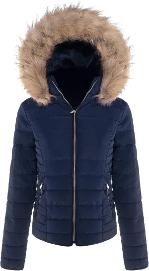 BodiLove Women's Everyday Warm Winter Quilted Puffer Short Coat High Collar Jacket with Removable Faux Fur Hood Zipper Vegan Leather Piping Water Resistant Wind Blocker Navy L