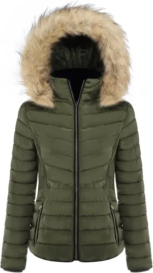 BodiLove Women's Everyday Warm Winter Quilted Puffer Short Coat High Collar Jacket with Removable Faux Fur Hood Zipper Vegan Leather Piping Water Resistant Wind Blocker Olive L