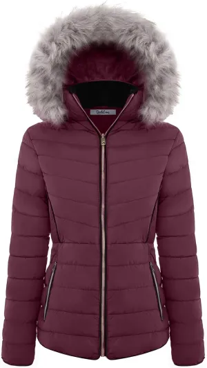 BodiLove Women's Everyday Warm Winter Quilted Puffer Short Coat High Collar Jacket with Removable Faux Fur Hood Zipper Vegan Leather Piping Water Resistent Burgundy M