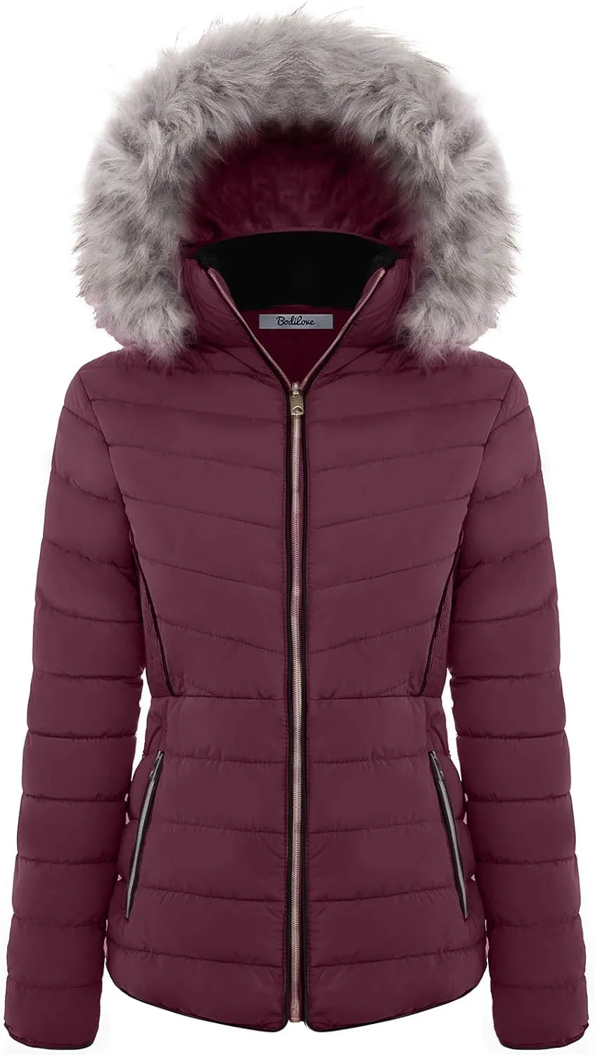 BodiLove Women's Everyday Warm Winter Quilted Puffer Short Coat High Collar Jacket with Removable Faux Fur Hood Zipper Vegan Leather Piping Water Resistent Burgundy M