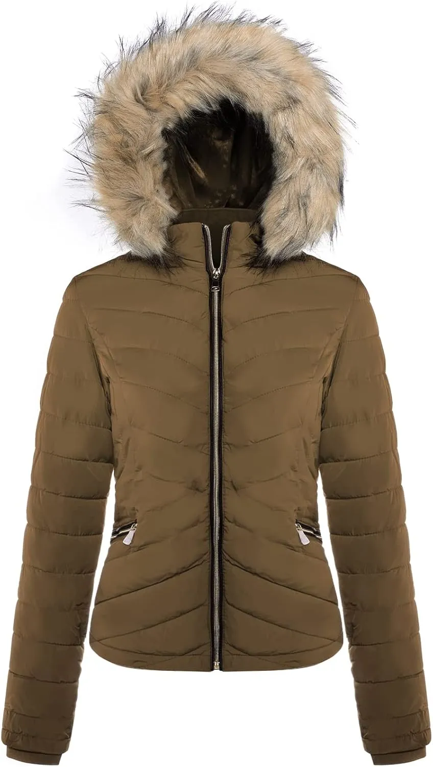BodiLove Women's Warm Winter Quilted Puffer Short Coat High Collar Jacket with Removable Faux Fur Hood