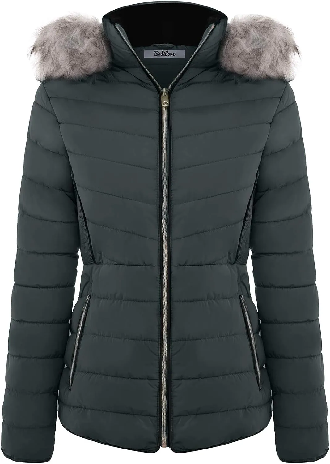 BodiLove Women's Warm Winter Quilted Puffer Short Coat High Collar Jacket with Removable Faux Fur Hood