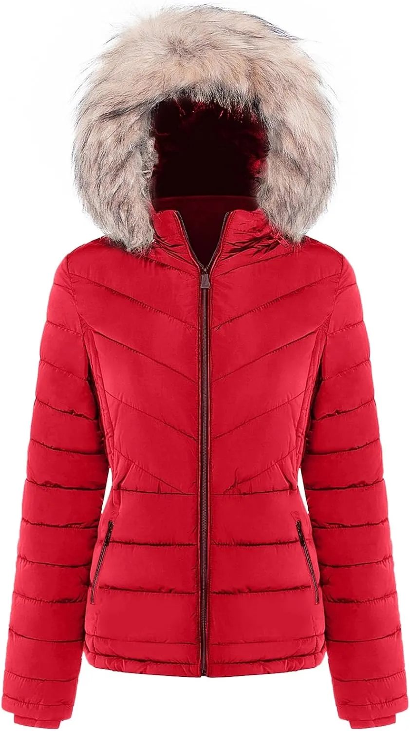 BodiLove Women's Warm Winter Quilted Puffer Short Coat High Collar Jacket with Removable Faux Fur Hood