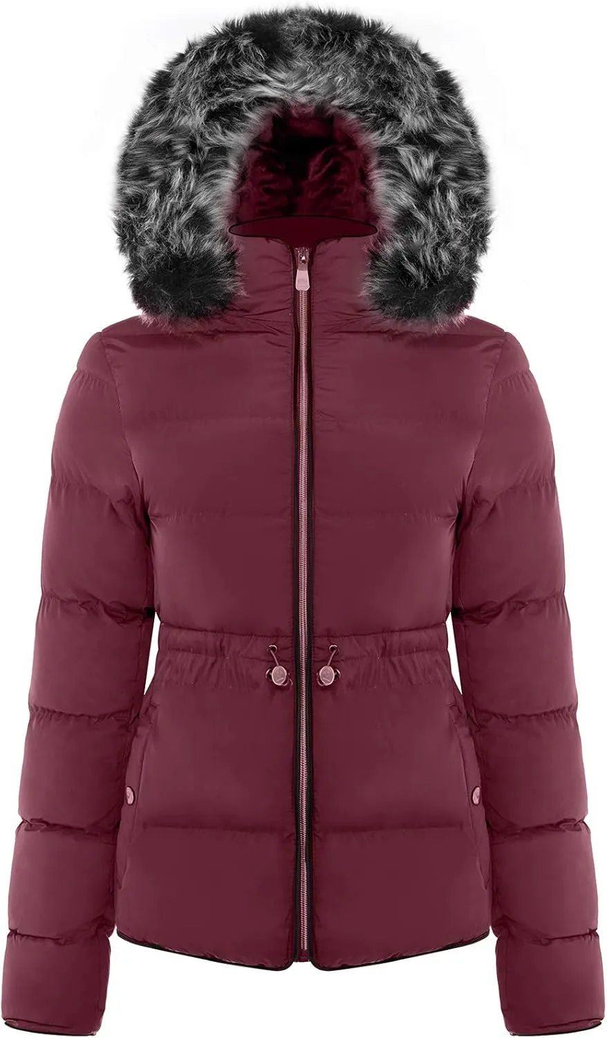 BodiLove Women's Warm Winter Quilted Puffer Short Coat High Collar Jacket with Removable Faux Fur Hood