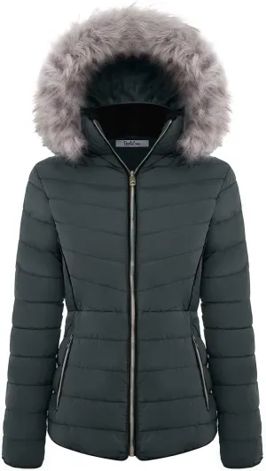 BodiLove Women's Warm Winter Quilted Puffer Short Coat High Collar Jacket with Removable Faux Fur Hood