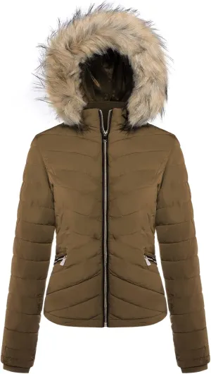 BodiLove Women's Warm Winter Quilted Puffer Short Coat High Collar Jacket with Removable Faux Fur Hood