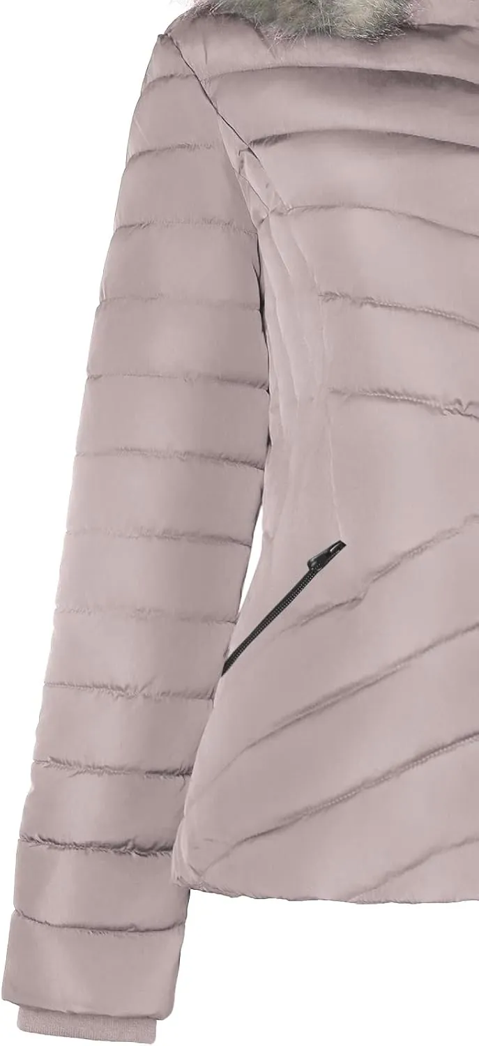 BodiLove Women's Warm Winter Quilted Puffer Short Coat High Collar Jacket with Removable Faux Fur Hood