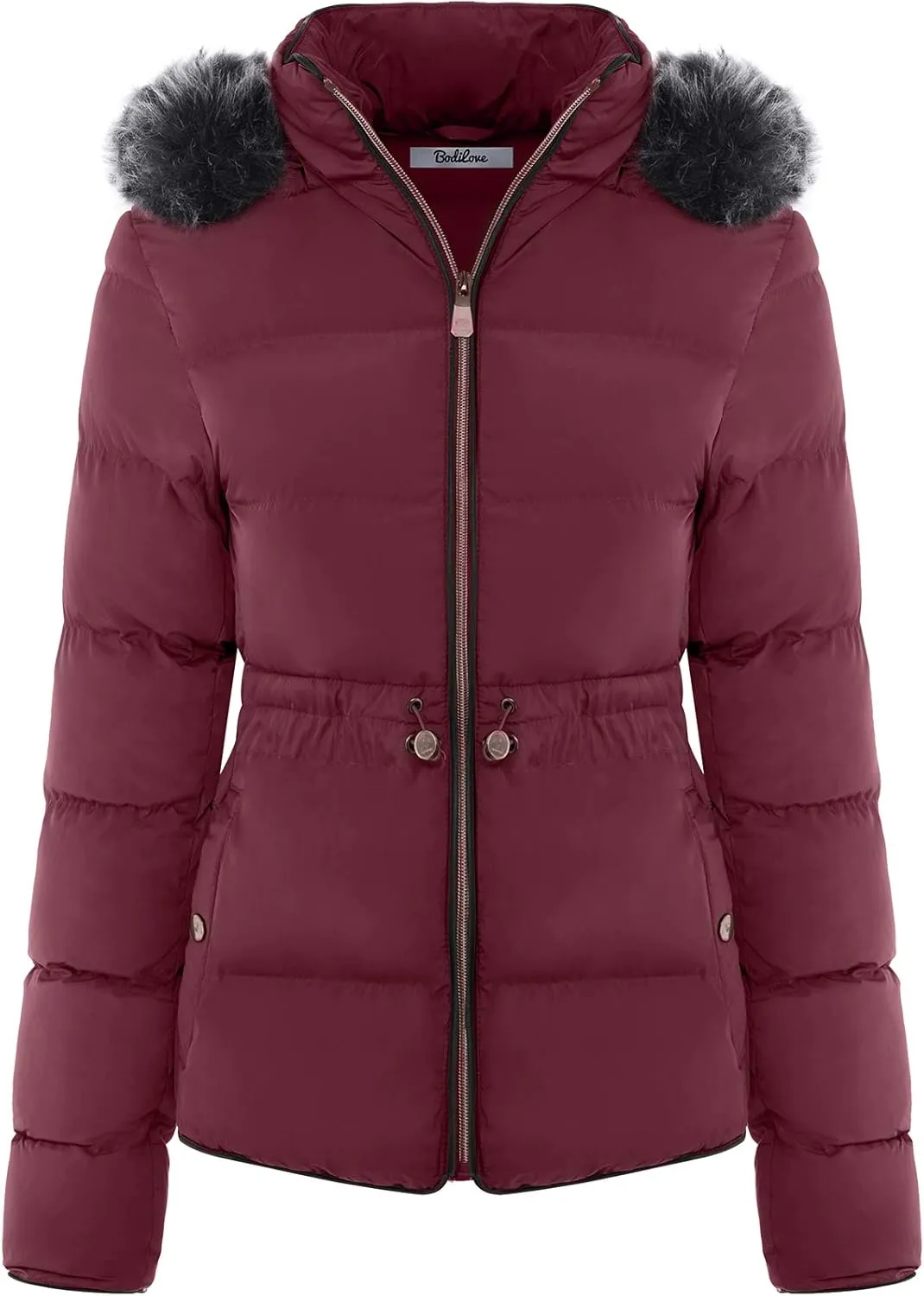 BodiLove Women's Warm Winter Quilted Puffer Short Coat High Collar Jacket with Removable Faux Fur Hood