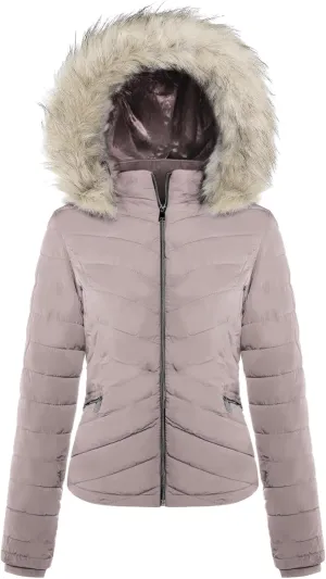 BodiLove Women's Warm Winter Quilted Puffer Short Coat High Collar Jacket with Removable Faux Fur Hood