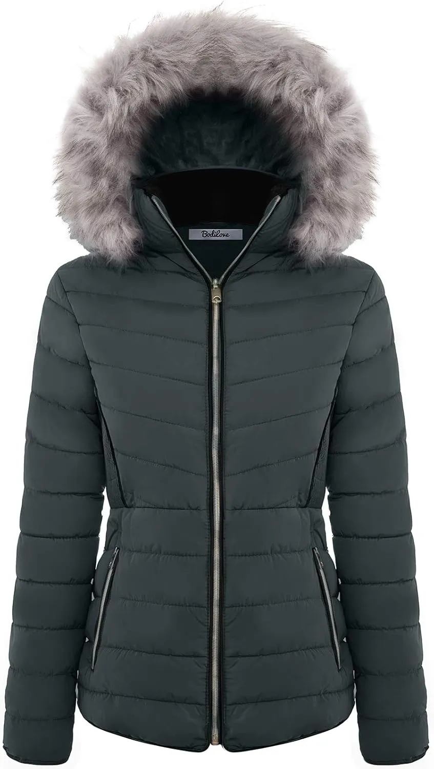 BodiLove Women's Warm Winter Quilted Puffer Short Coat High Collar Jacket with Removable Faux Fur Hood
