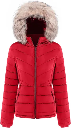 BodiLove Women's Warm Winter Quilted Puffer Short Coat High Collar Jacket with Removable Faux Fur Hood