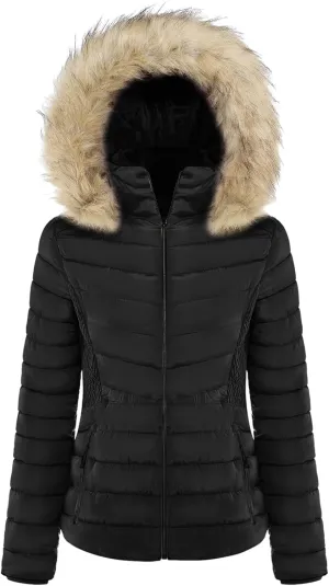 BodiLove Women's Warm Winter Quilted Puffer Short Coat High Collar Jacket with Removable Faux Fur Hood