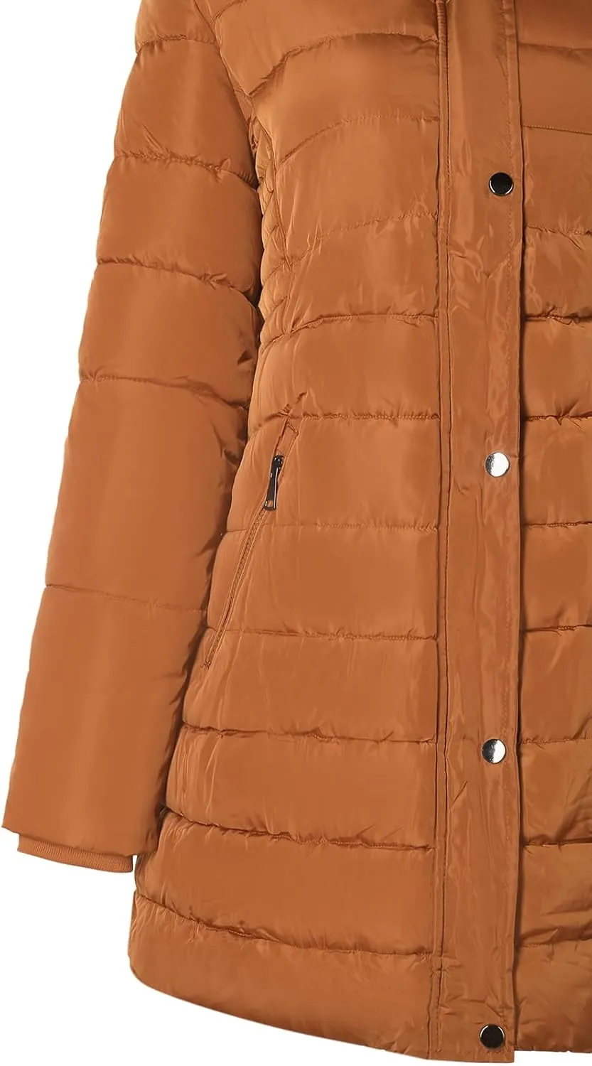 BodiLove Women's Winter Quilted Puffer Long Coat Jacket Plus Size with Removable Faux Fur Hood and Zipper