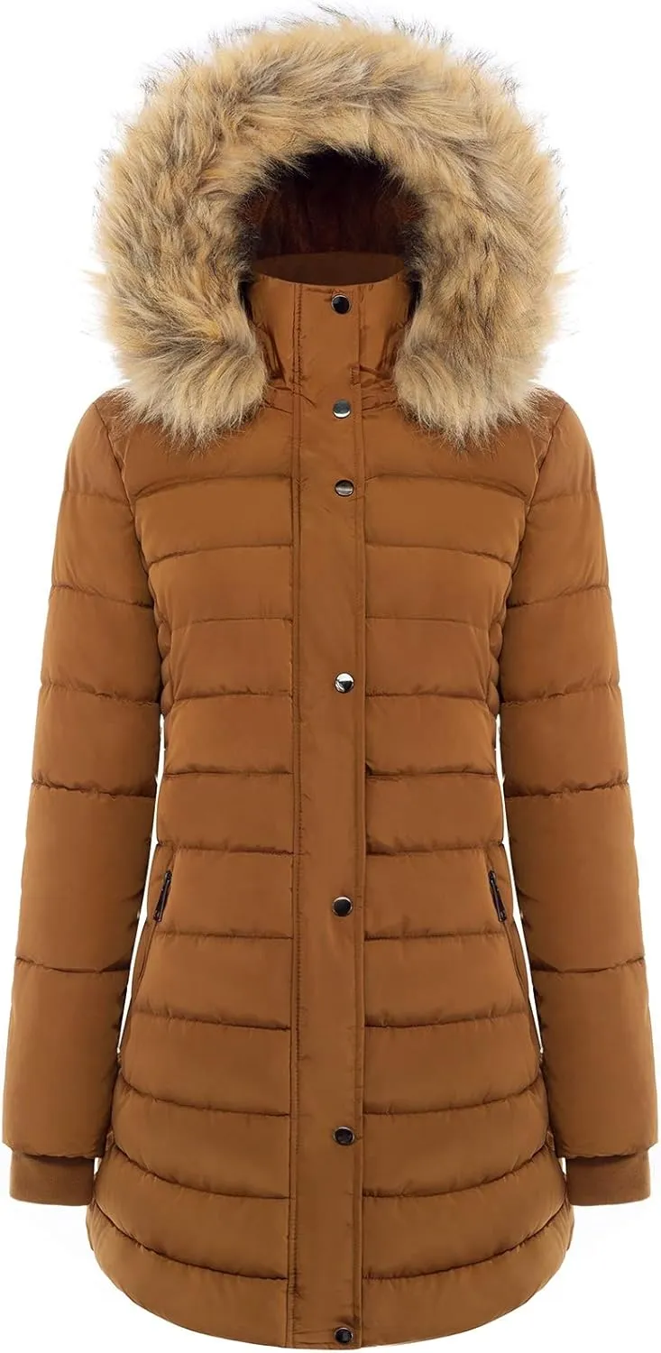 BodiLove Women's Winter Quilted Puffer Long Coat Jacket Plus Size with Removable Faux Fur Hood and Zipper