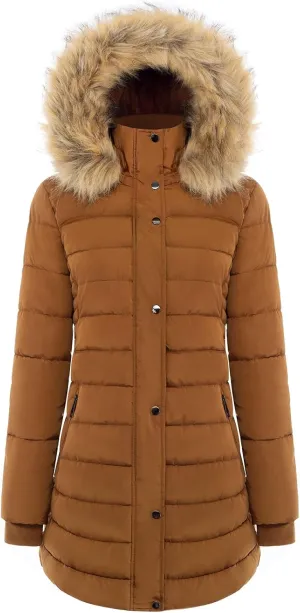 BodiLove Women's Winter Quilted Puffer Long Coat Jacket Plus Size with Removable Faux Fur Hood and Zipper