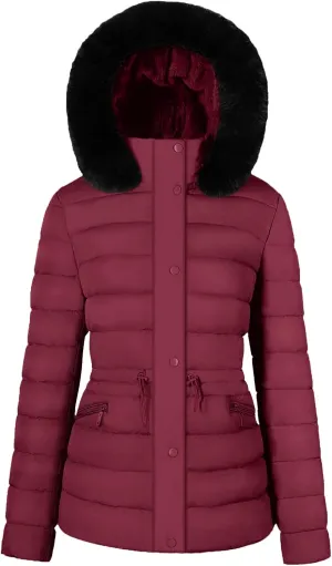 BodiLove Women's Winter Quilted Puffer Short Coat Jacket Plus Size with Removable Faux Fur Hood and Zipper