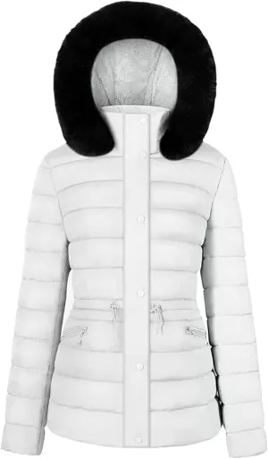 BodiLove Women's Winter Quilted Puffer Short Coat Jacket Plus Size with Removable Faux Fur Hood and Zipper