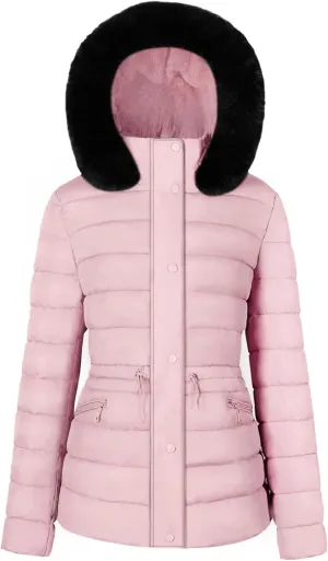 BodiLove Women's Winter Quilted Puffer Short Coat Jacket Plus Size with Removable Faux Fur Hood and Zipper