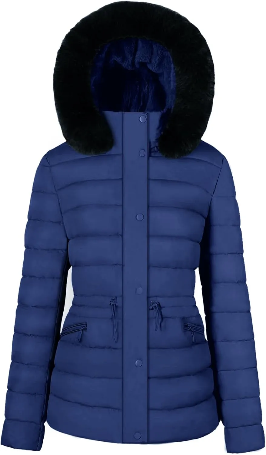 BodiLove Women's Winter Quilted Puffer Short Coat Jacket Plus Size with Removable Faux Fur Hood and Zipper