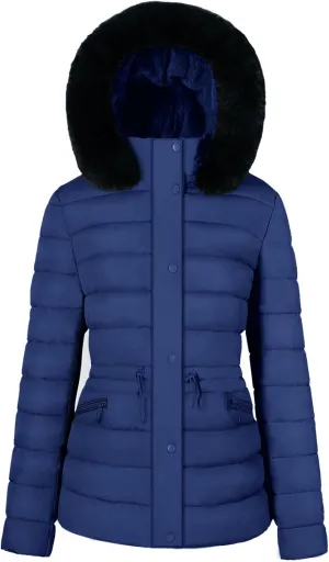 BodiLove Women's Winter Quilted Puffer Short Coat Jacket Plus Size with Removable Faux Fur Hood and Zipper
