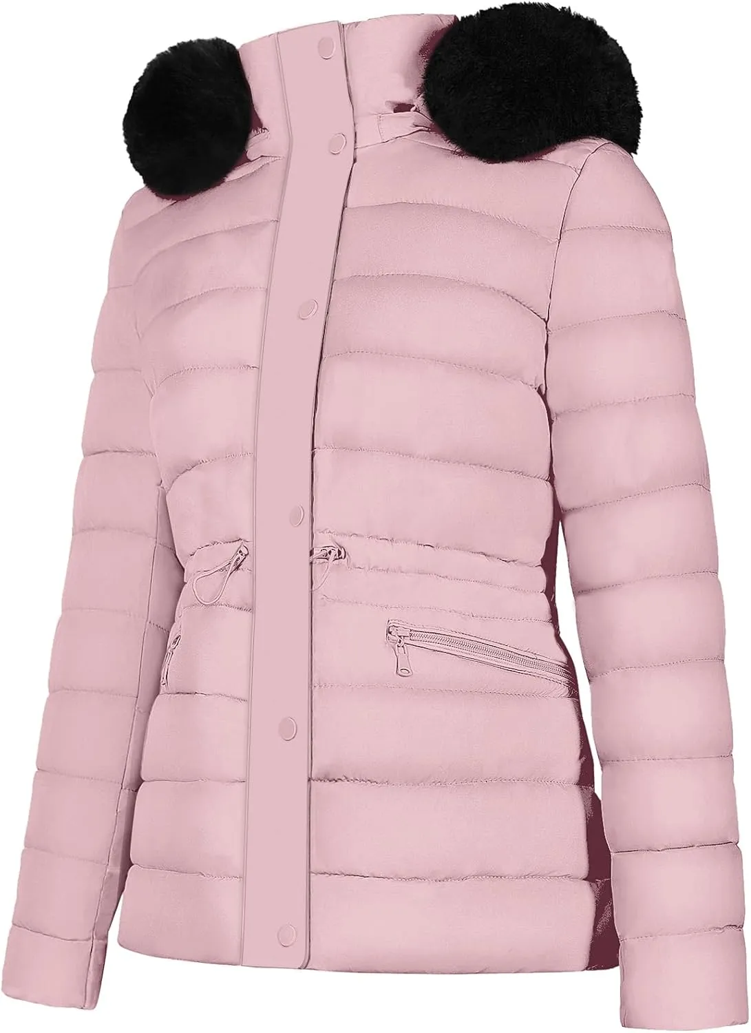 BodiLove Women's Winter Quilted Puffer Short Coat Jacket Plus Size with Removable Faux Fur Hood and Zipper