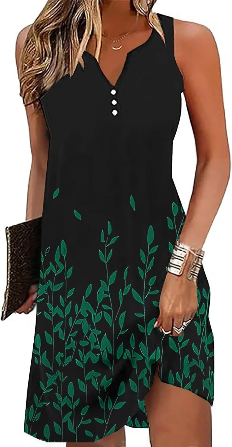 Boho Sundress for Women Summer Casual Loose Button Up Sleeveless Tank Dress Beach Vacation Retro Floral Mini Dresses