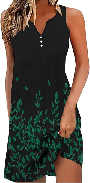Boho Sundress for Women Summer Casual Loose Button Up Sleeveless Tank Dress Beach Vacation Retro Floral Mini Dresses