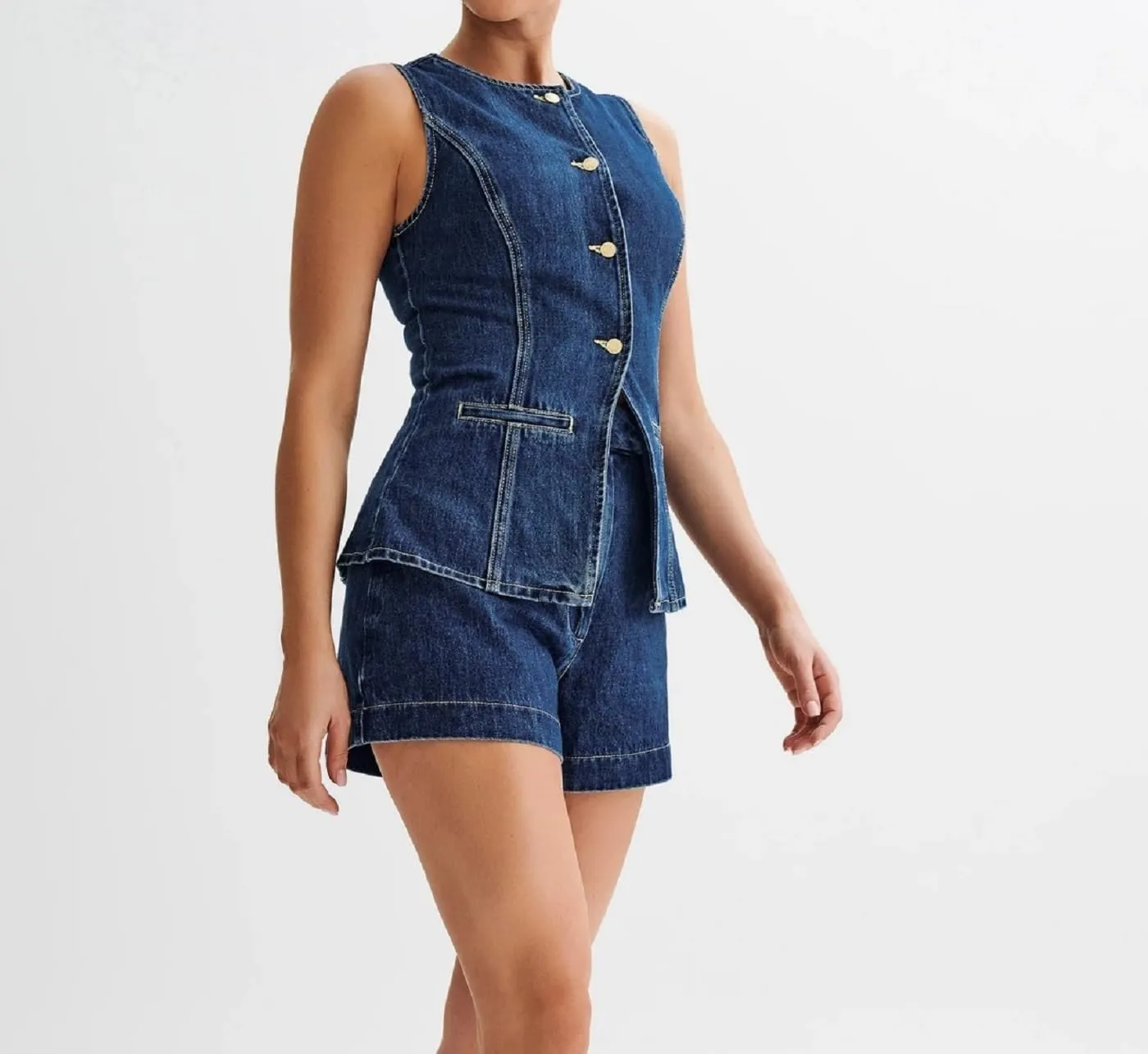 Bowanadacles Woman Summer Casual Long Jean Vest Tops Front Button Slit Slim Denim Waistcoat Crew Neck Sleeveless Packet Top