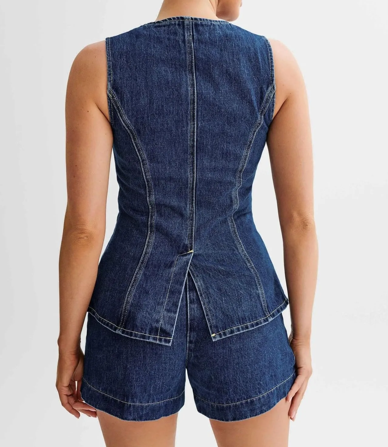 Bowanadacles Woman Summer Casual Long Jean Vest Tops Front Button Slit Slim Denim Waistcoat Crew Neck Sleeveless Packet Top