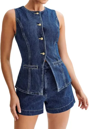 Bowanadacles Woman Summer Casual Long Jean Vest Tops Front Button Slit Slim Denim Waistcoat Crew Neck Sleeveless Packet Top