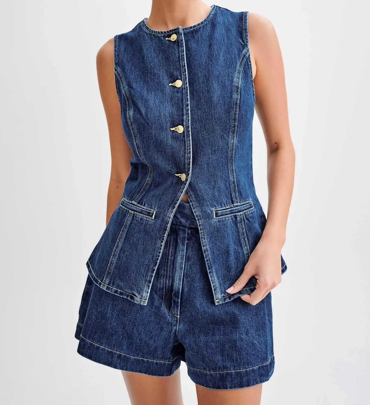 Bowanadacles Woman Summer Casual Long Jean Vest Tops Front Button Slit Slim Denim Waistcoat Crew Neck Sleeveless Packet Top