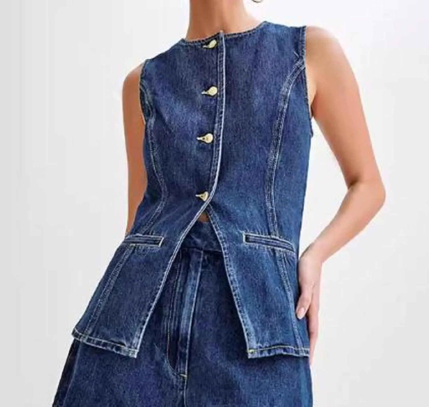 Bowanadacles Woman Summer Casual Long Jean Vest Tops Front Button Slit Slim Denim Waistcoat Crew Neck Sleeveless Packet Top