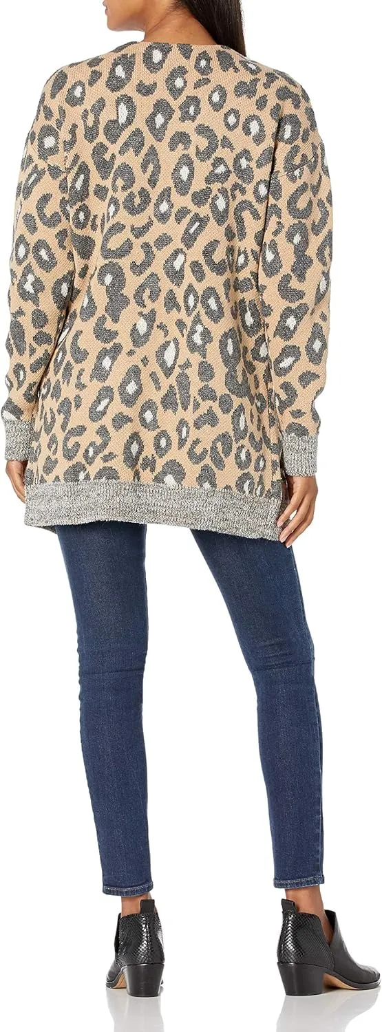 Cable Stitch Women's Oversized Button Front Leopard Plaid Print Sweater Cardigan with Pockets- V-Neck Jacquard Coatigan