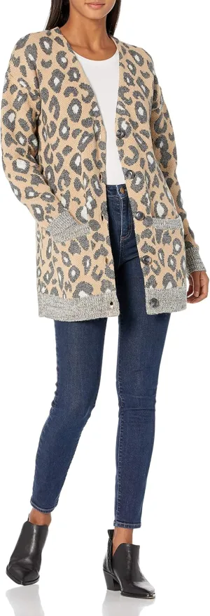 Cable Stitch Women's Oversized Button Front Leopard Plaid Print Sweater Cardigan with Pockets- V-Neck Jacquard Coatigan