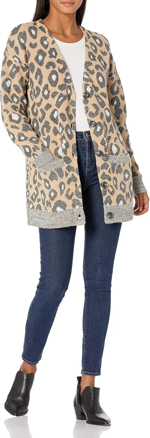 Cable Stitch Women's Oversized Button Front Leopard Plaid Print Sweater Cardigan with Pockets- V-Neck Jacquard Coatigan