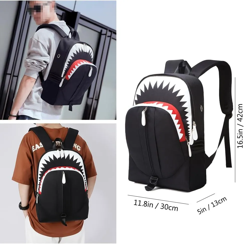 Cartoon Shark Backpack Men Women Casual Laptop Bag Travel Personalized Printing Cool Luminous Backpack (Black,16.5in)