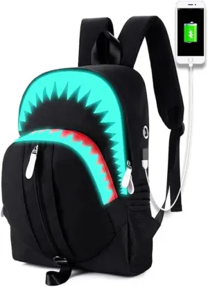 Cartoon Shark Backpack Men Women Casual Laptop Bag Travel Personalized Printing Cool Luminous Backpack (Black,16.5in)