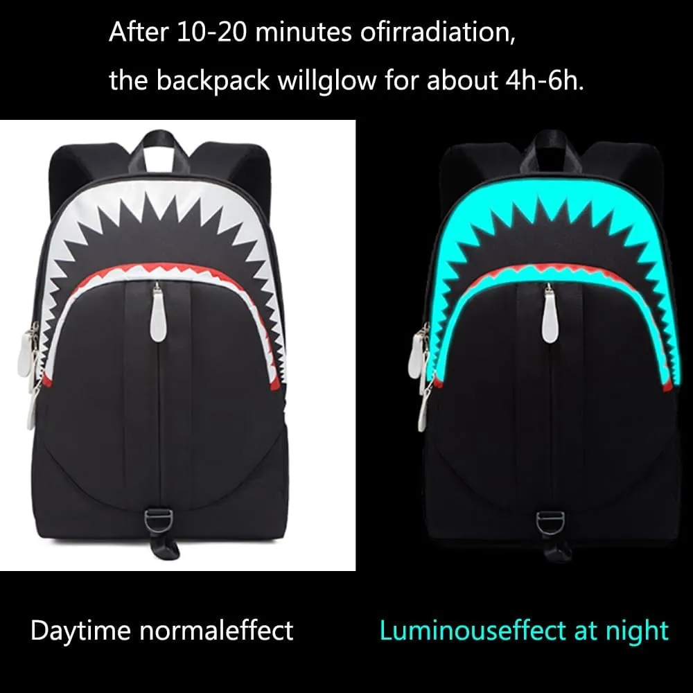 Cartoon Shark Backpack Men Women Casual Laptop Bag Travel Personalized Printing Cool Luminous Backpack (Black,16.5in)