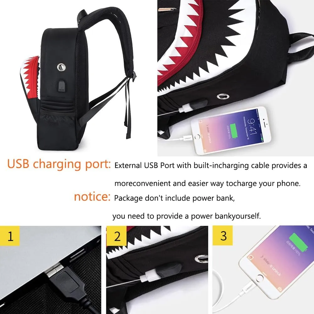 Cartoon Shark Backpack Men Women Casual Laptop Bag Travel Personalized Printing Cool Luminous Backpack (Black,16.5in)