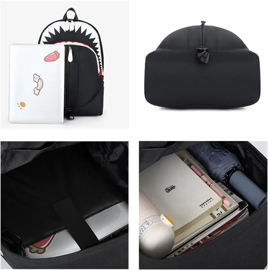 Cartoon Shark Backpack Men Women Casual Laptop Bag Travel Personalized Printing Cool Luminous Backpack (Black,16.5in)