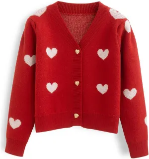 CHICWISH Women's Red/Ivory Soft Heart Cropped Knit Cardigan