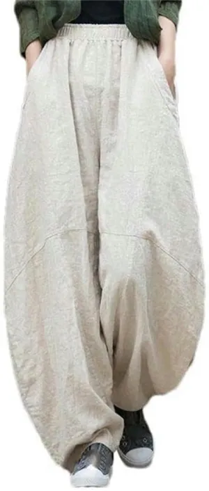 Chinese Women's Cotton Loose Goods Pants Retro Elastic Waist Yoga Pants Loose Casual Wide-Leg Harem Trousers