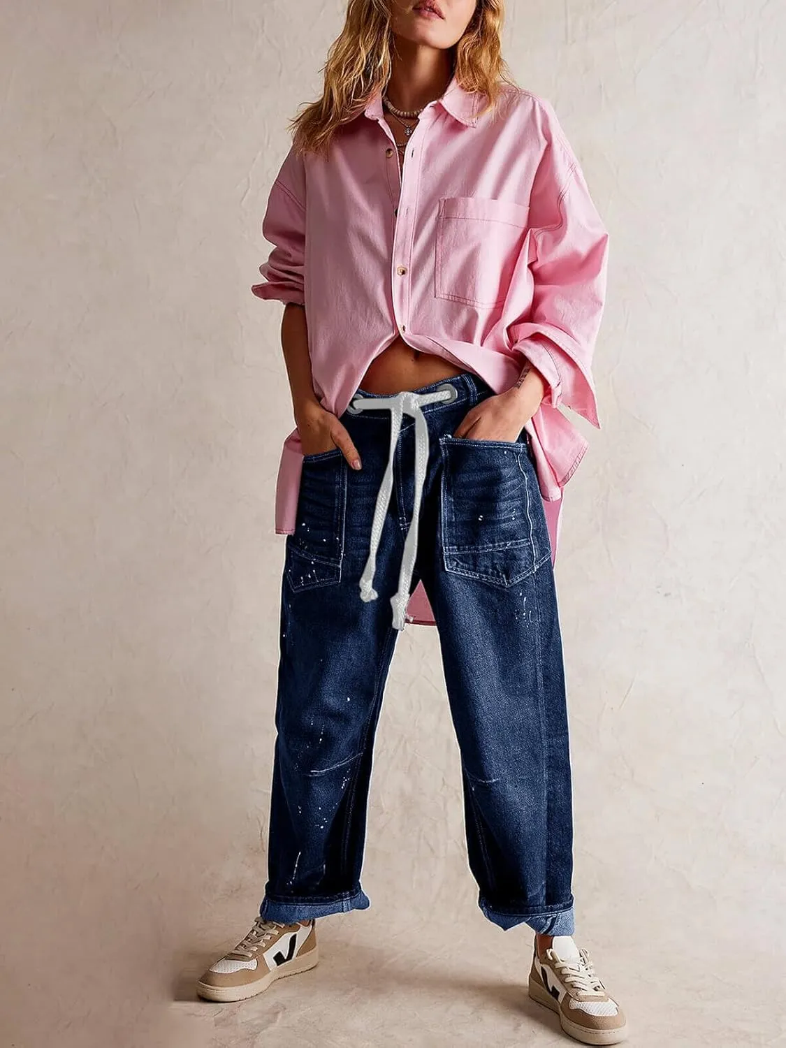 Cicy Bell Womens Baggy Barrel Horseshoe Jeans Wide Leg Drawstring Vintage Denim Pants with Front Pockets